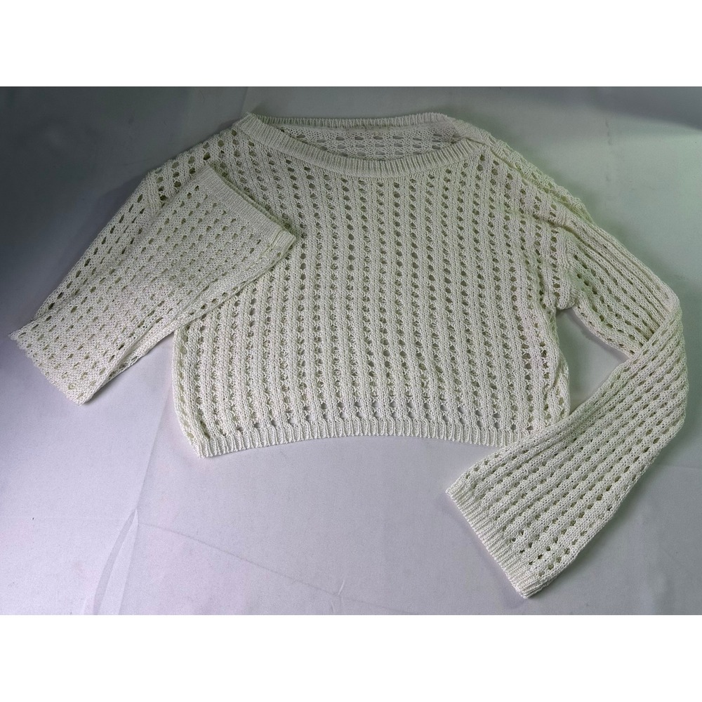 Illa Illa Open Knit Cropped Sweater M Ivory‎ White Boho Beachy Summer Pointelle